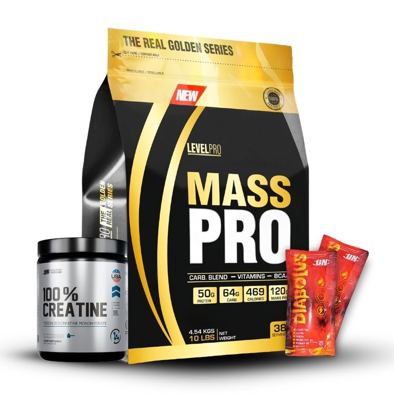 LEVEL PRO - Proteína Mass Pro 10 lb Cookies+Creatina Universe Nutrition 250Gr+2 Diabolus