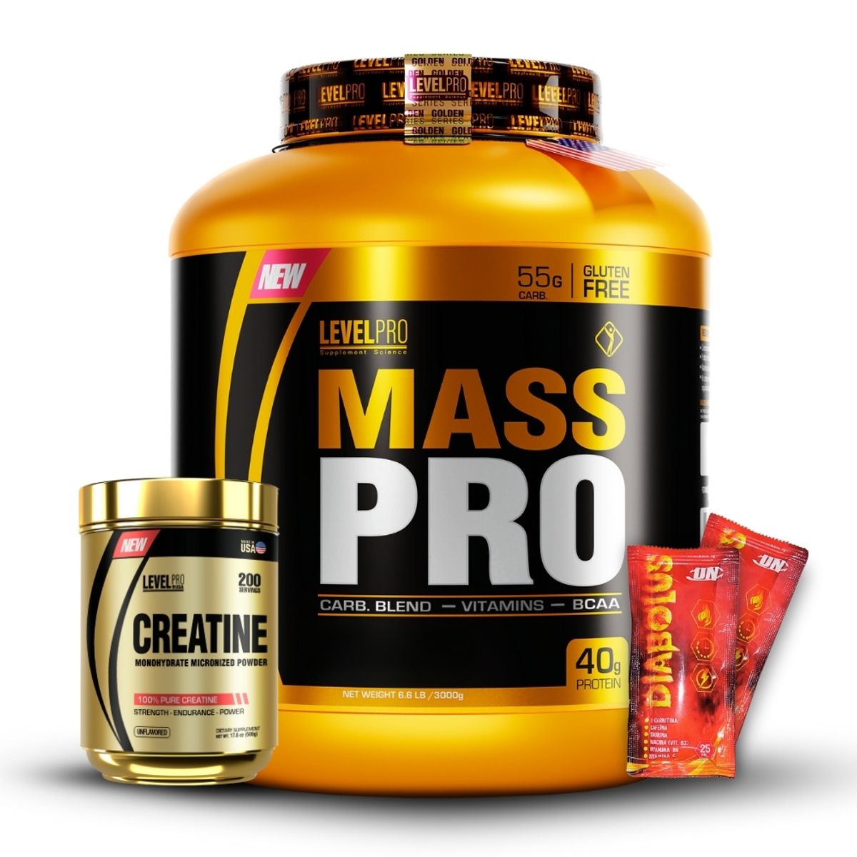 LEVEL PRO - Proteína Mass Pro 3kg Vainilla+Creatina Level Pro 500Gr+2 Diabolus