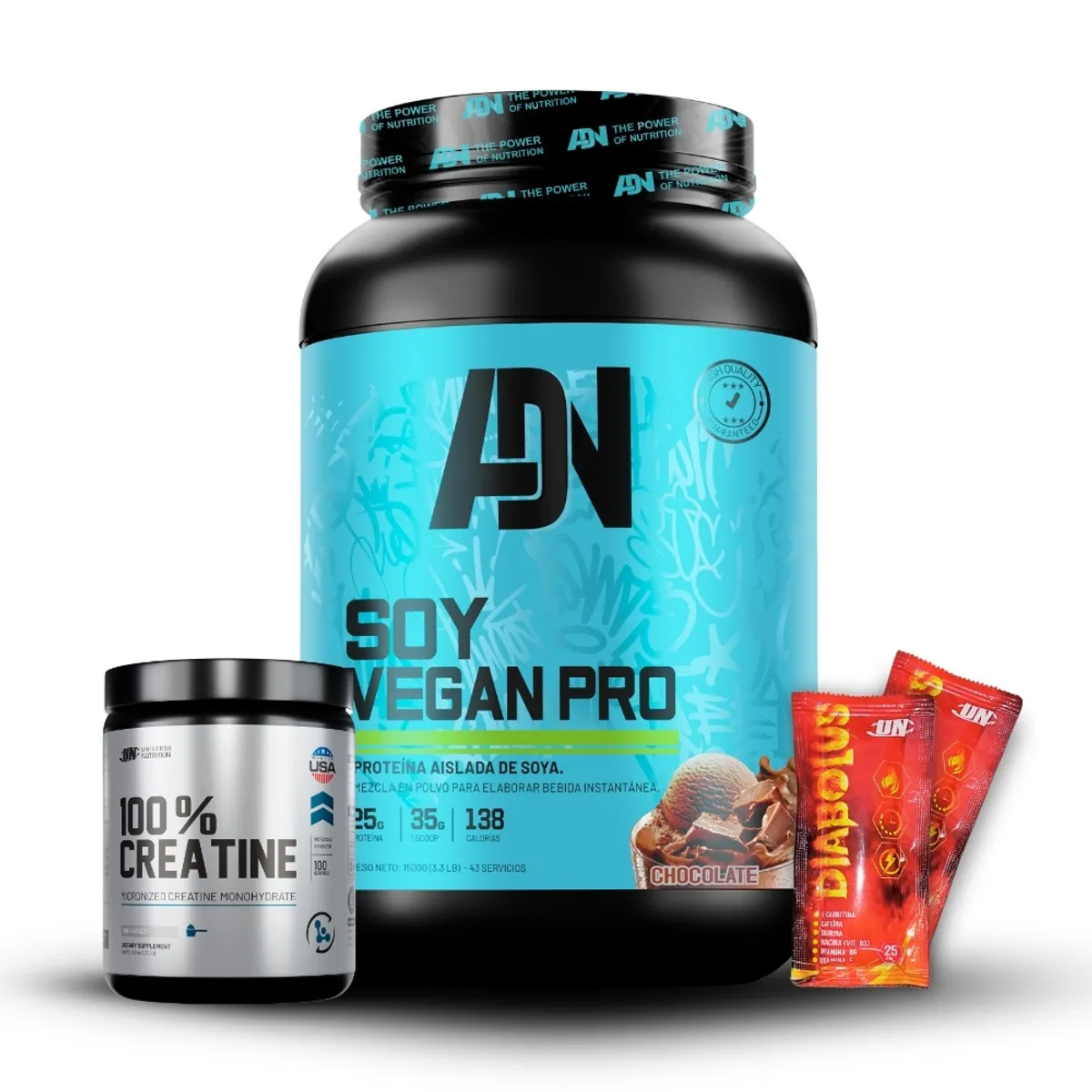 ADN - Soy Vegan 1.5 kg Chocolate+Creatina Universe Nutrition 250Gr+2 Diabolus