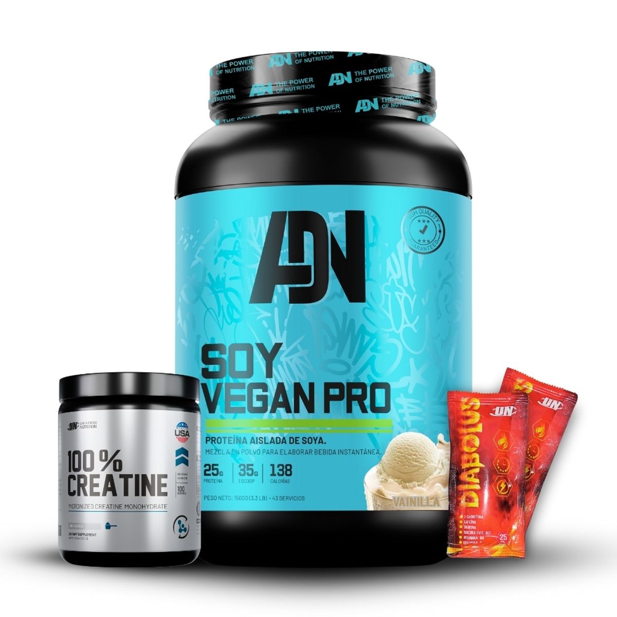ADN - Soy Vegan 1.5 kg Vainilla+Creatina Universe Nutrition 250Gr+2 Diabolus