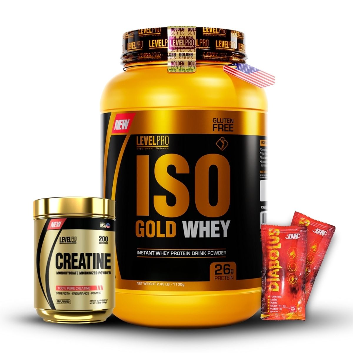 LEVEL PRO - Iso Gold Whey de 1kg Cookies+Creatina Level Pro 500Gr+2 Diabolus