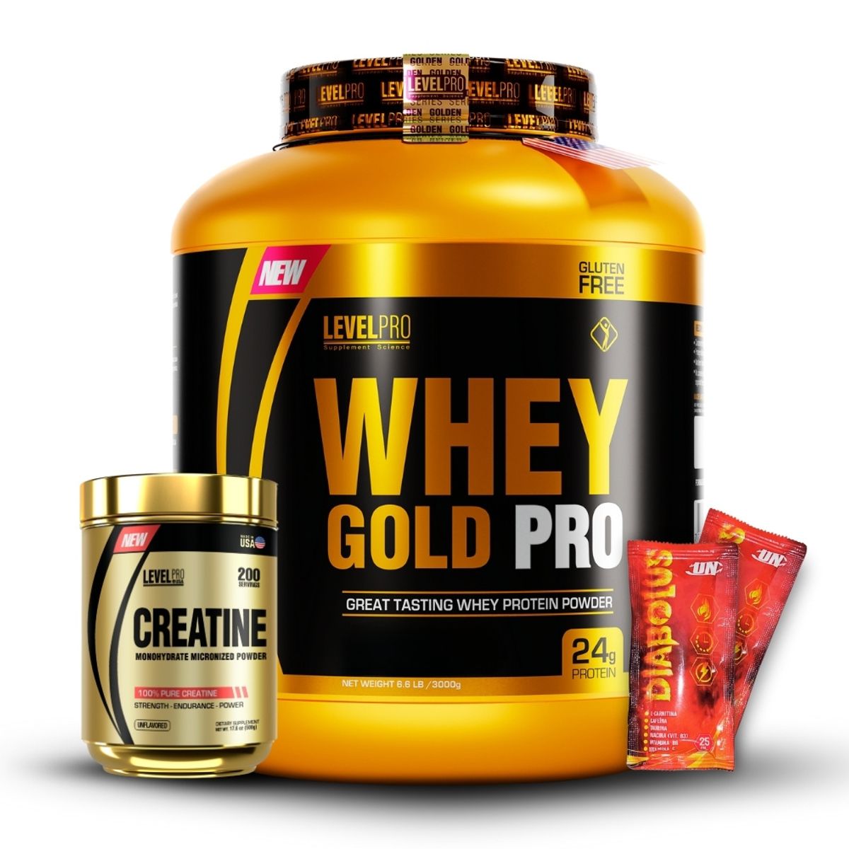 LEVEL PRO - Whey Gold 6.6 lb Vainilla+Creatina Level Pro 500Gr+2 Diabolus