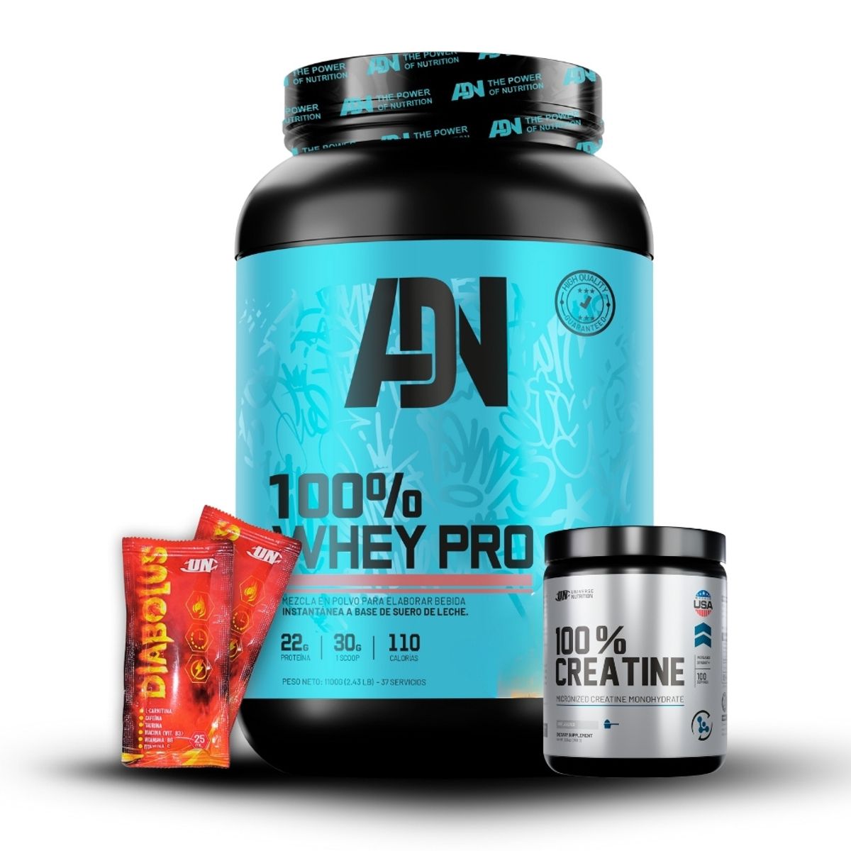 ADN - 100% Whey Pro 1.1 kg Chocolate+Creatina Universe Nutrition 250Gr+2 Diabolus