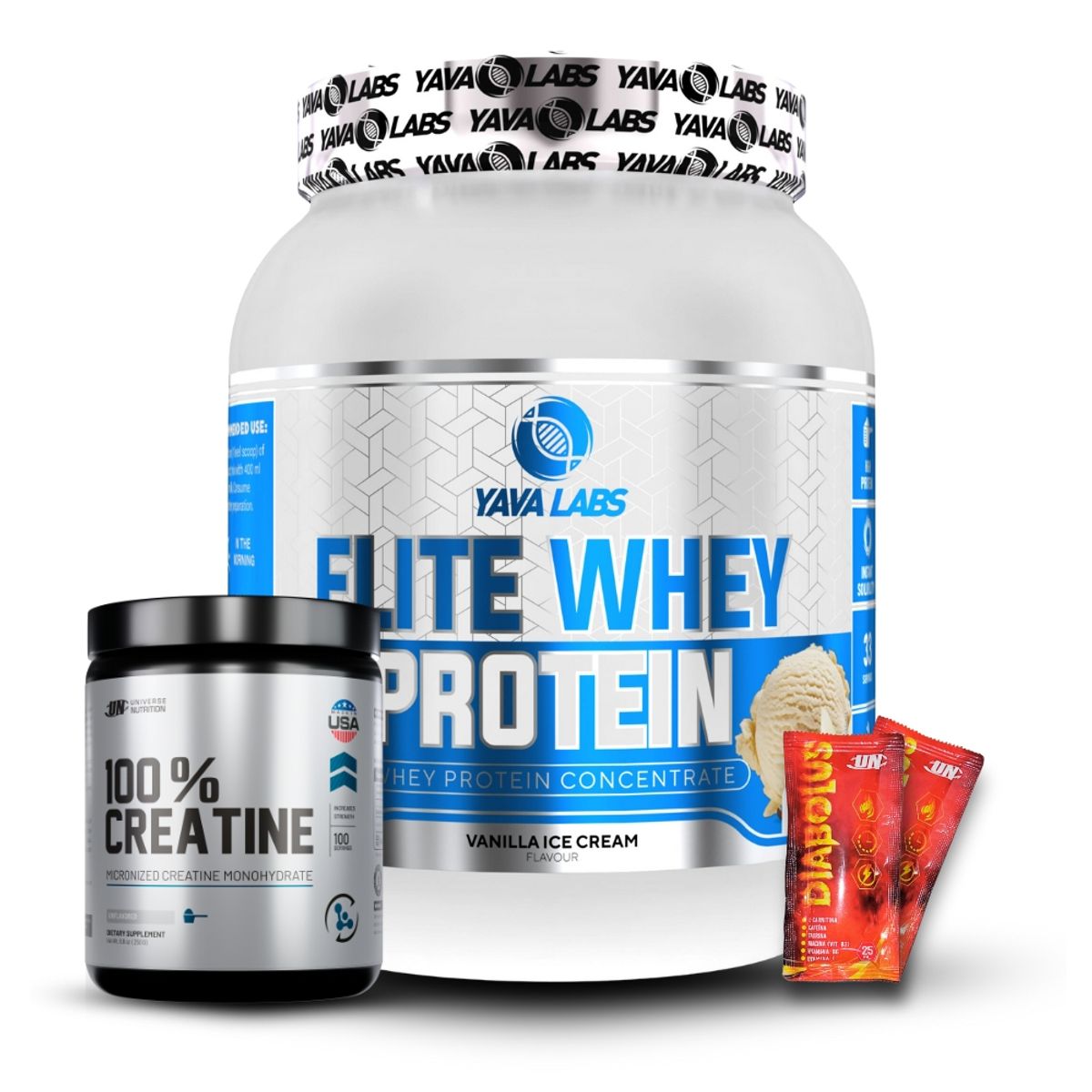 GENERICO - Yava Elite Whey Protein 1 kg Vainilla+Creatina Universe Nutrition 250Gr+2Diabolus
