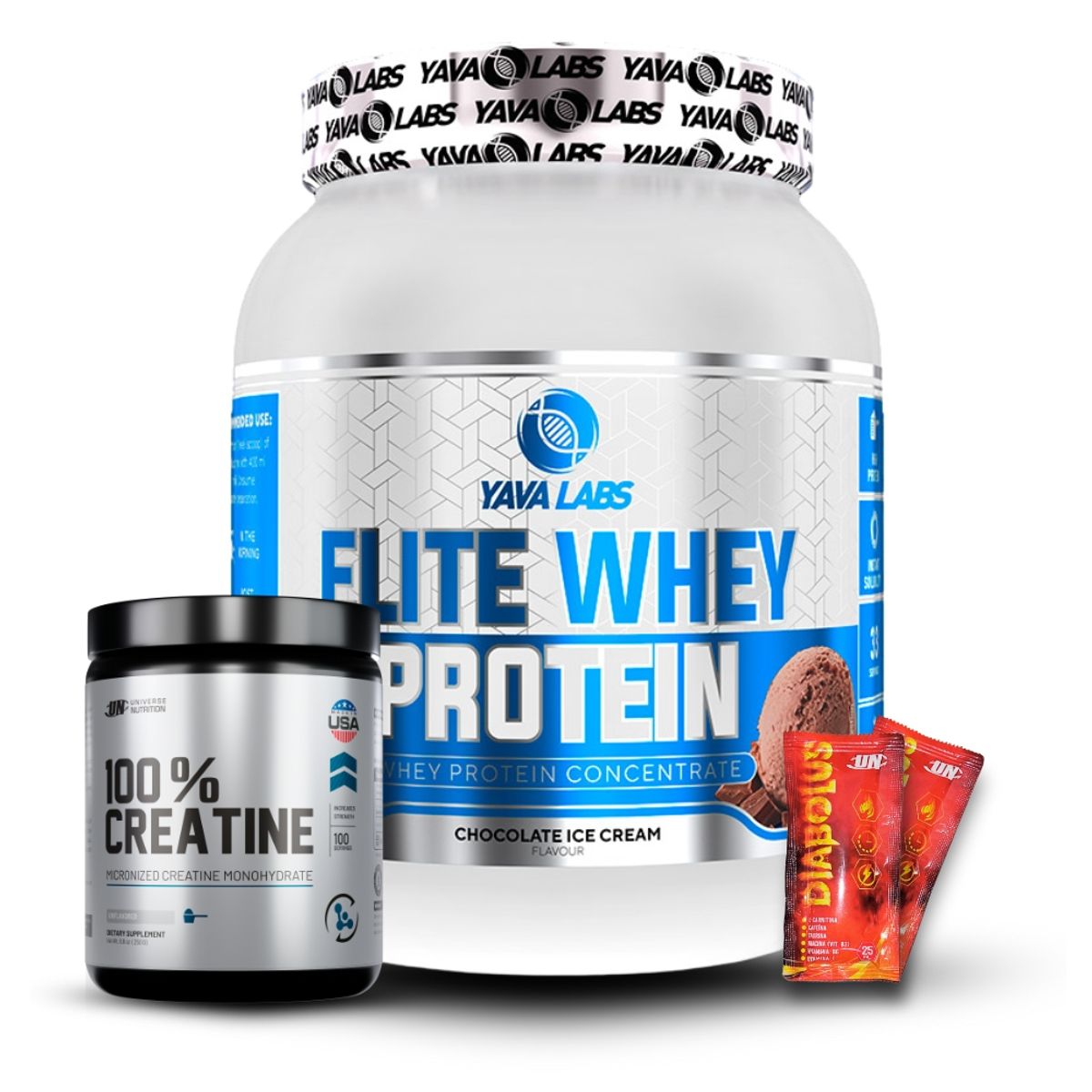 GENERICO - Yava Elite Whey Protein 1 kg Chocolate+Creatina Universe Nutrition 250G+2Diabolus