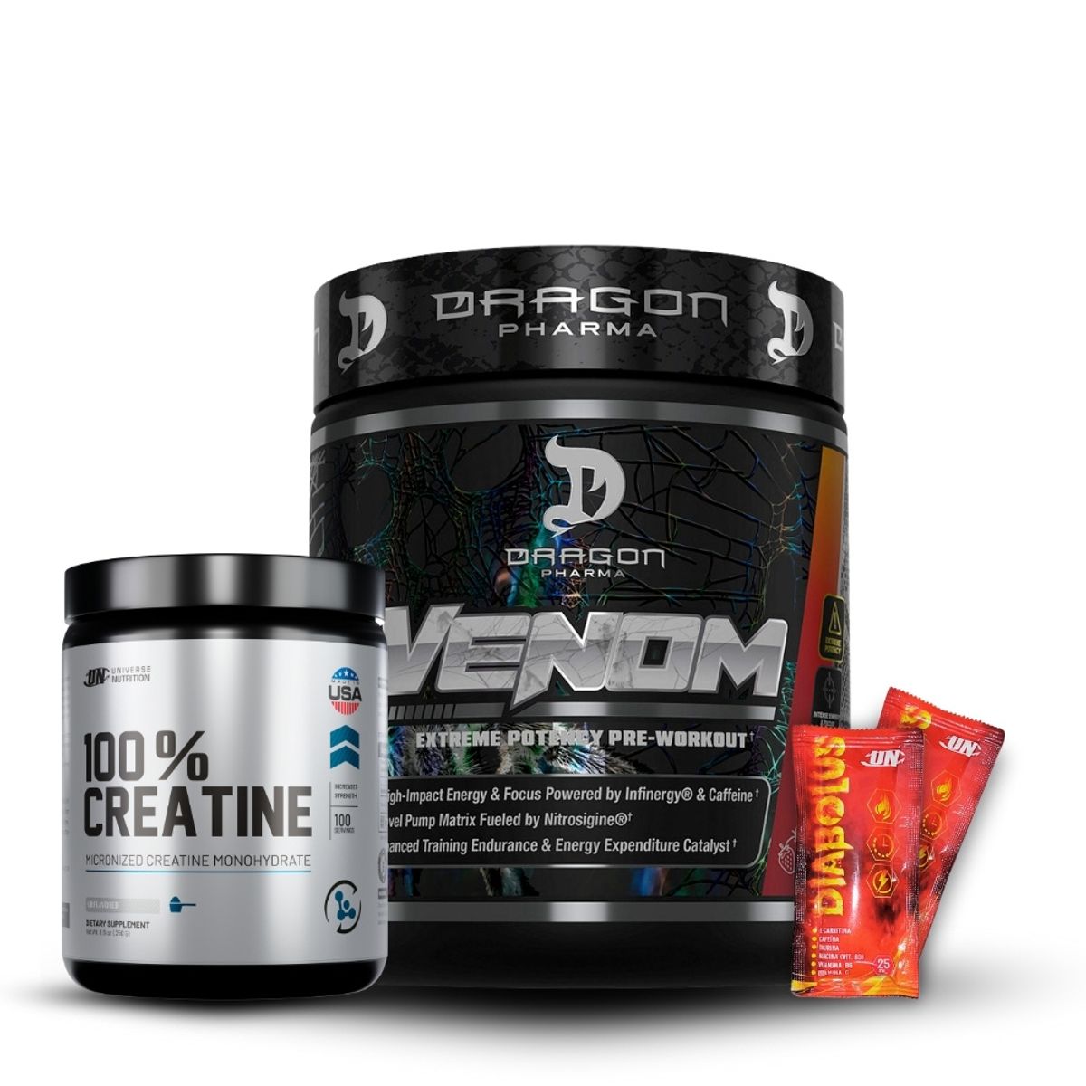 GENERICO - Venom Dragon pharma 40 servicios Fruit Punch+Creatina Universe Nutrition 250Gr+2 Diabolus