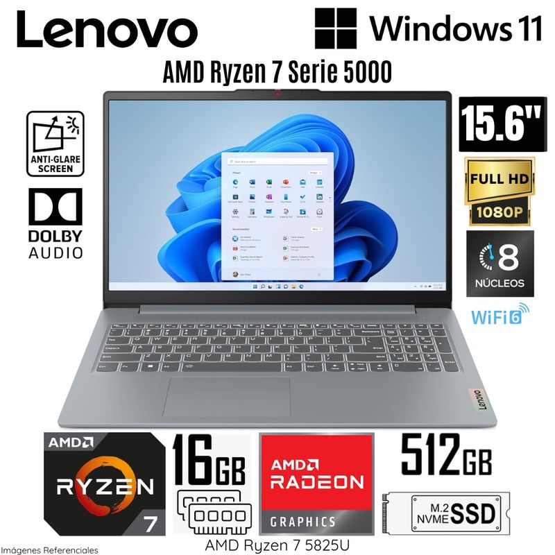 LENOVO - Laptop Lenovo Ideapad Slim 3 15ABR8 AMD Ryzen 7 5825U 16GB RAM 512GB SSD 15.6"  FHD - 82XM00S6LM