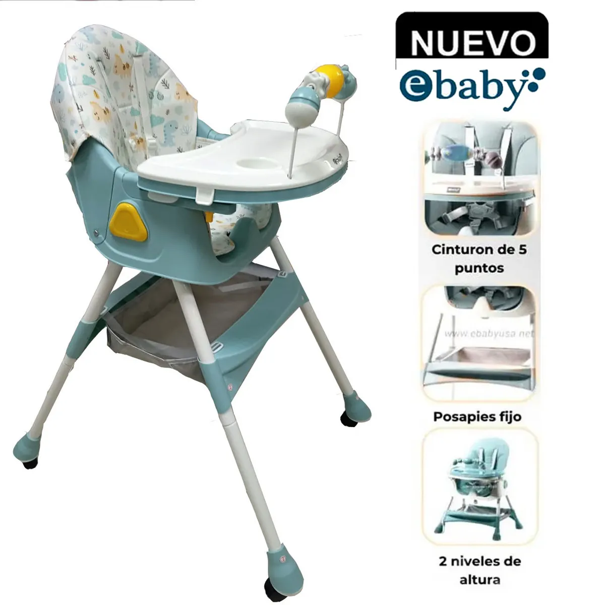 EBABY - Silla de Comer Plegable Con Ruedas Doble bandeja LULU Verde