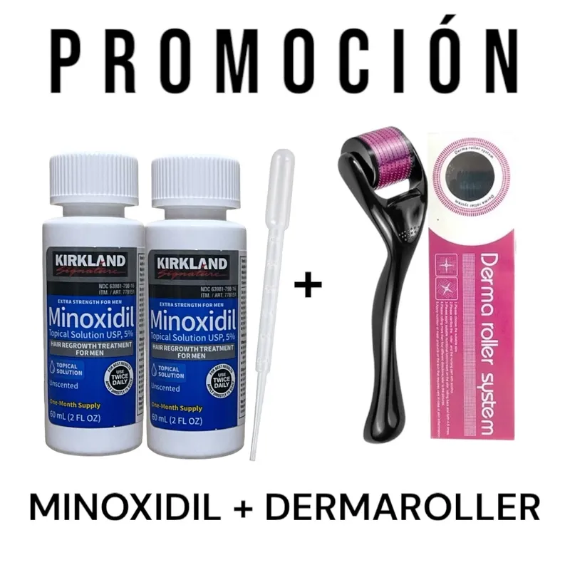 KIRKLAND - 2 Minoxidil Liquido 5% Kirkland + 1 Dermaroller 0.5mm