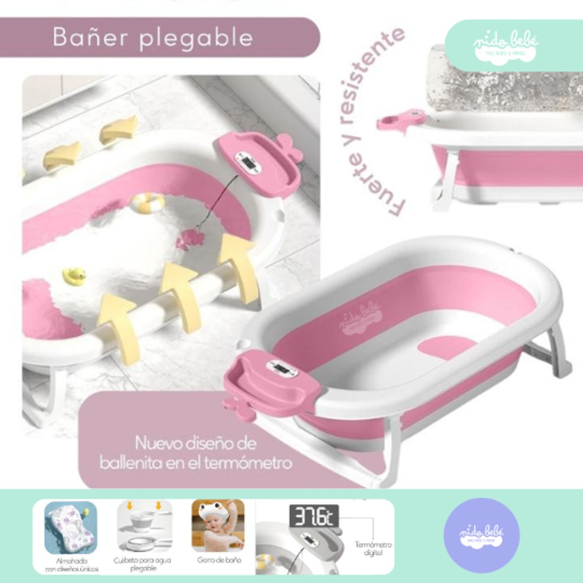 GENERICO - Bañera Maui de bebé con termómetro digital rosa