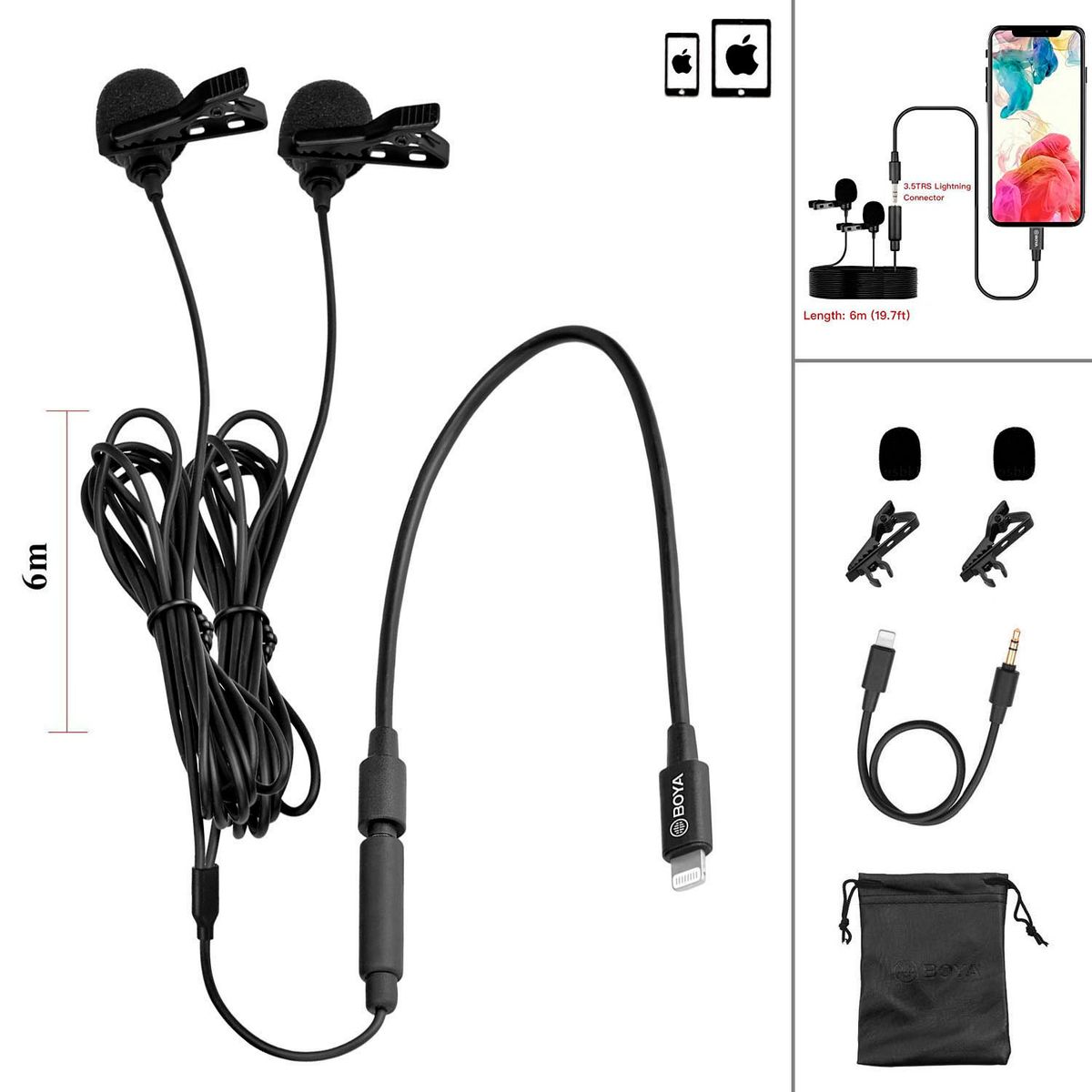 BOYA - BOYA BY-M2D (IOS) - Micrófono lavalier para 2 Personas, iPhone y ipad