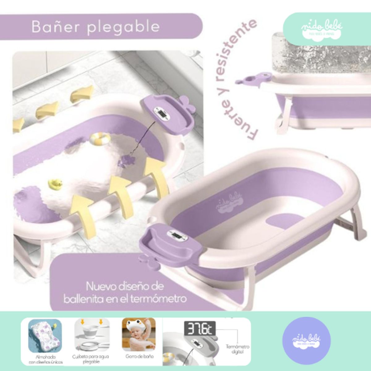 GENERICO - Bañera Maui de bebé con termómetro digital purple
