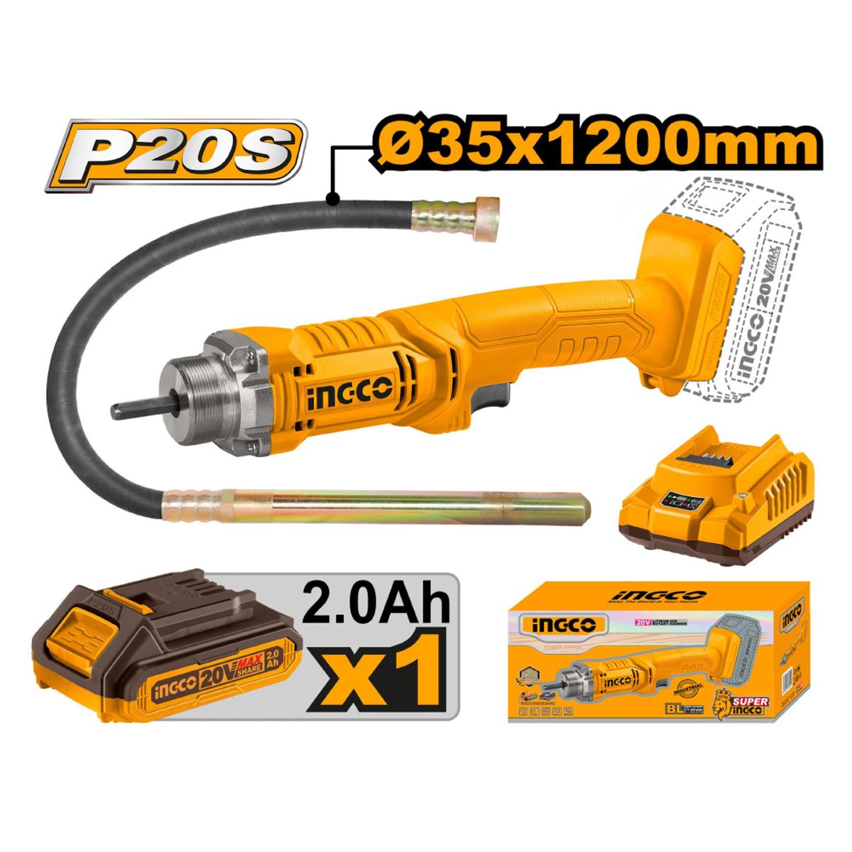 INGCO TOOLS - VIBRADOR DE CONCRETO INGCO 20V + BATERÍA 20AH + CARGADOR CCVLI2023011