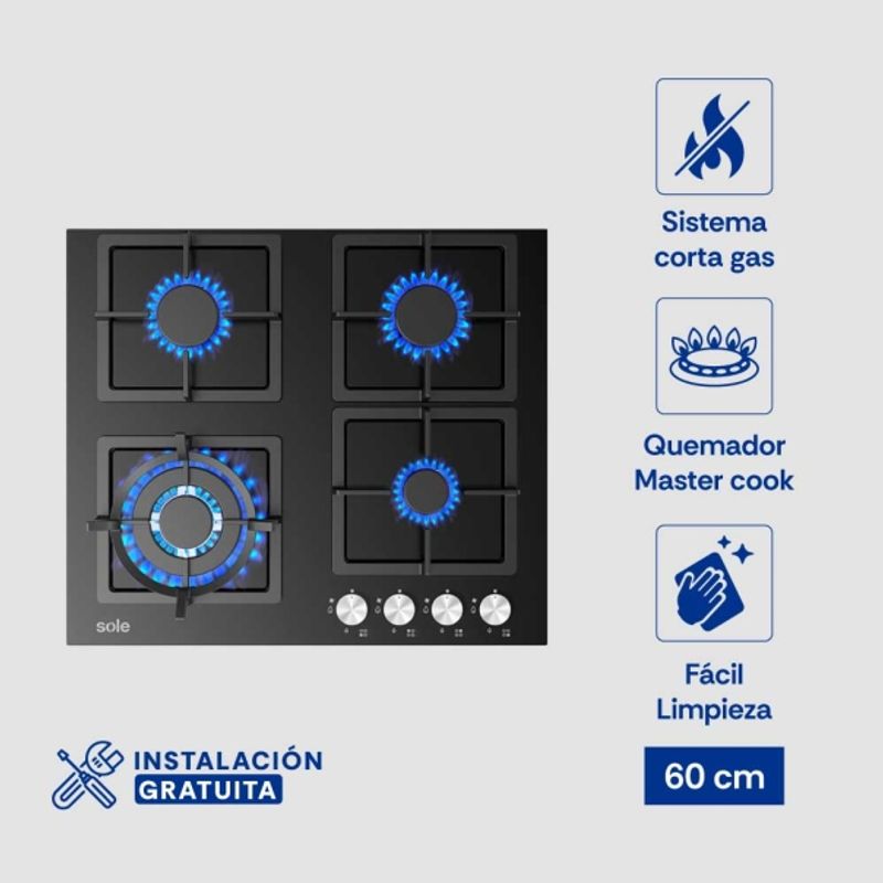 SOLE - Encimera Empotrable 4 Quemadores Vidrio Templado Negro Sole SOLCO040