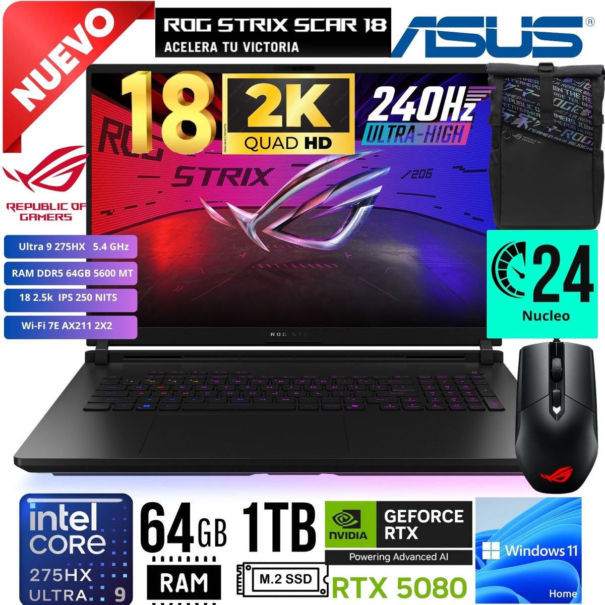 ASUS - LAPTOP Asus ROG Strix SCAR 18 G835LW-SA152W 18´2.5K Ultra 9 275HX 64GB1TB RTX 5080 16GB W 11 Home