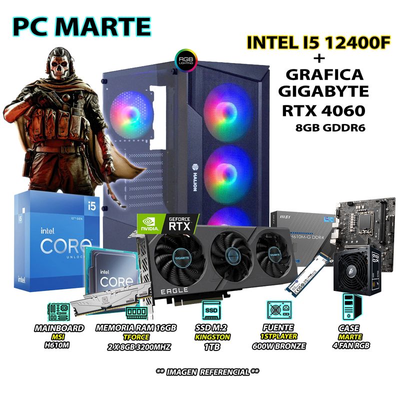 INTEL - Computadora PC Gamer Intel Core i5 12400F RAM 16GB SSD 1TB RTX 4060 8GB