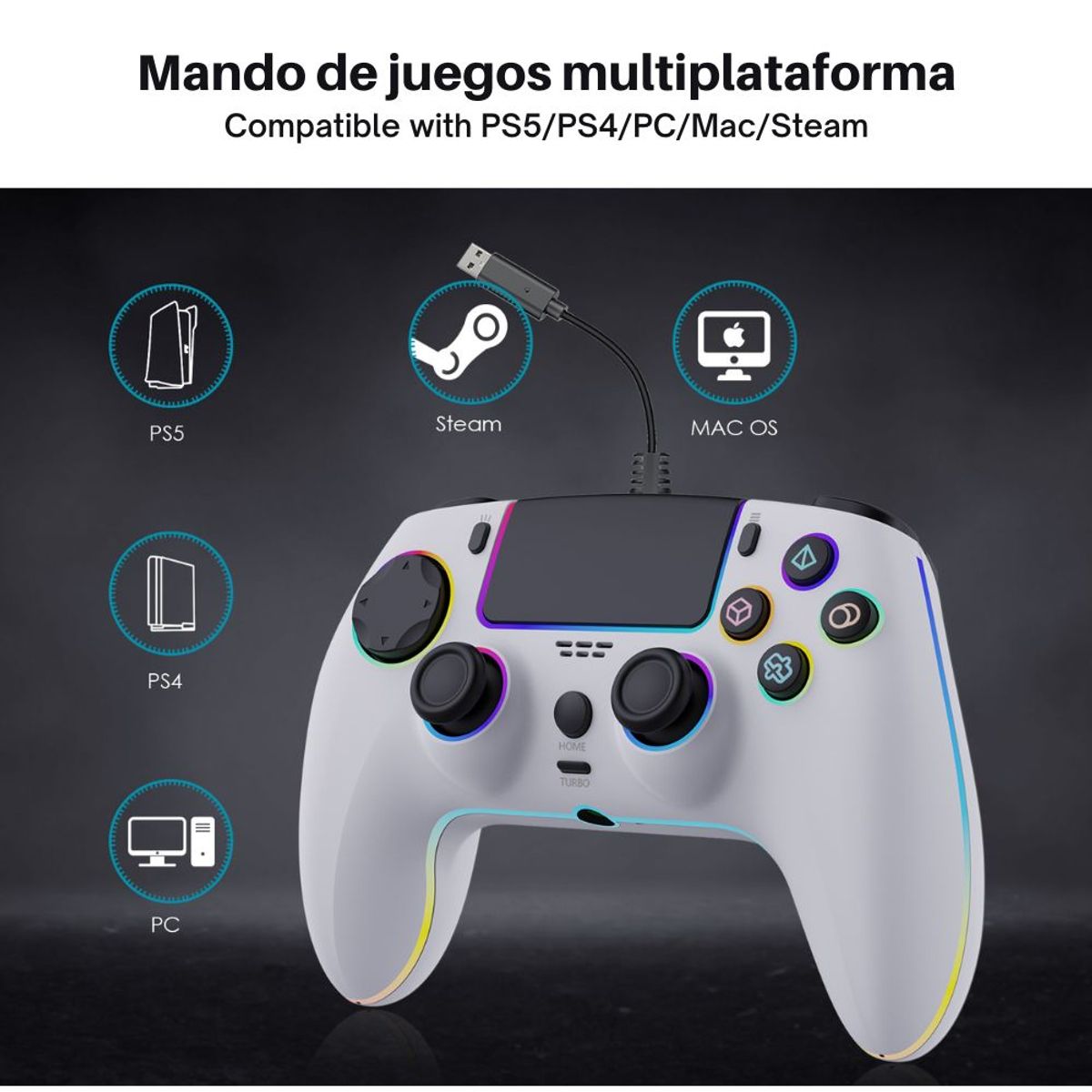 GENERICO - Mando con Cable para PS5 PS4 PC con Luz RGB Sensor y Vibración 5005W N