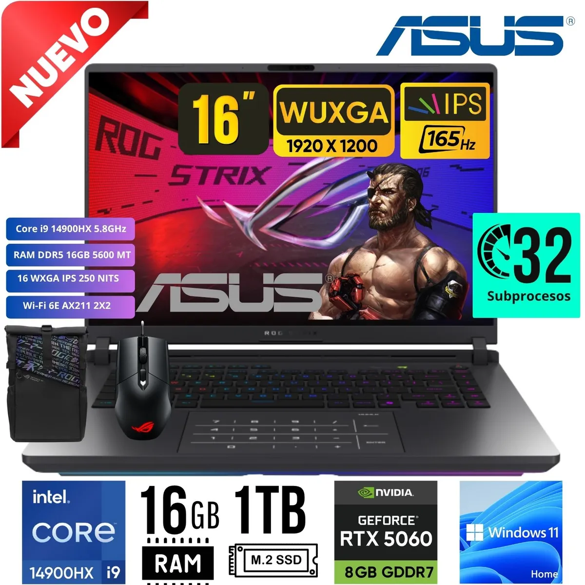 ASUS - Laptop ASUS ROG STRIX G16 G615JMR-RV017W 16´ 165Hz i9-14900HX 14VA RAM 16GB SSD 1TB RTX 5060 8GB W11