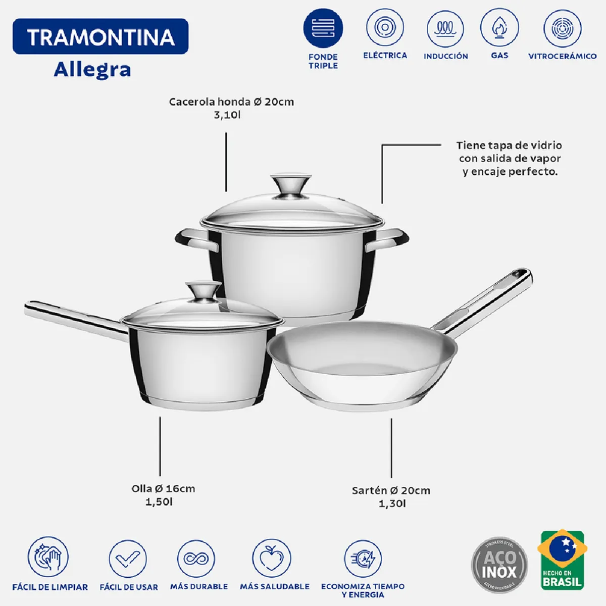 TRAMONTINA - Juego de Ollas Tramontina Allegra de Acero Inoxidable 5 Piezas