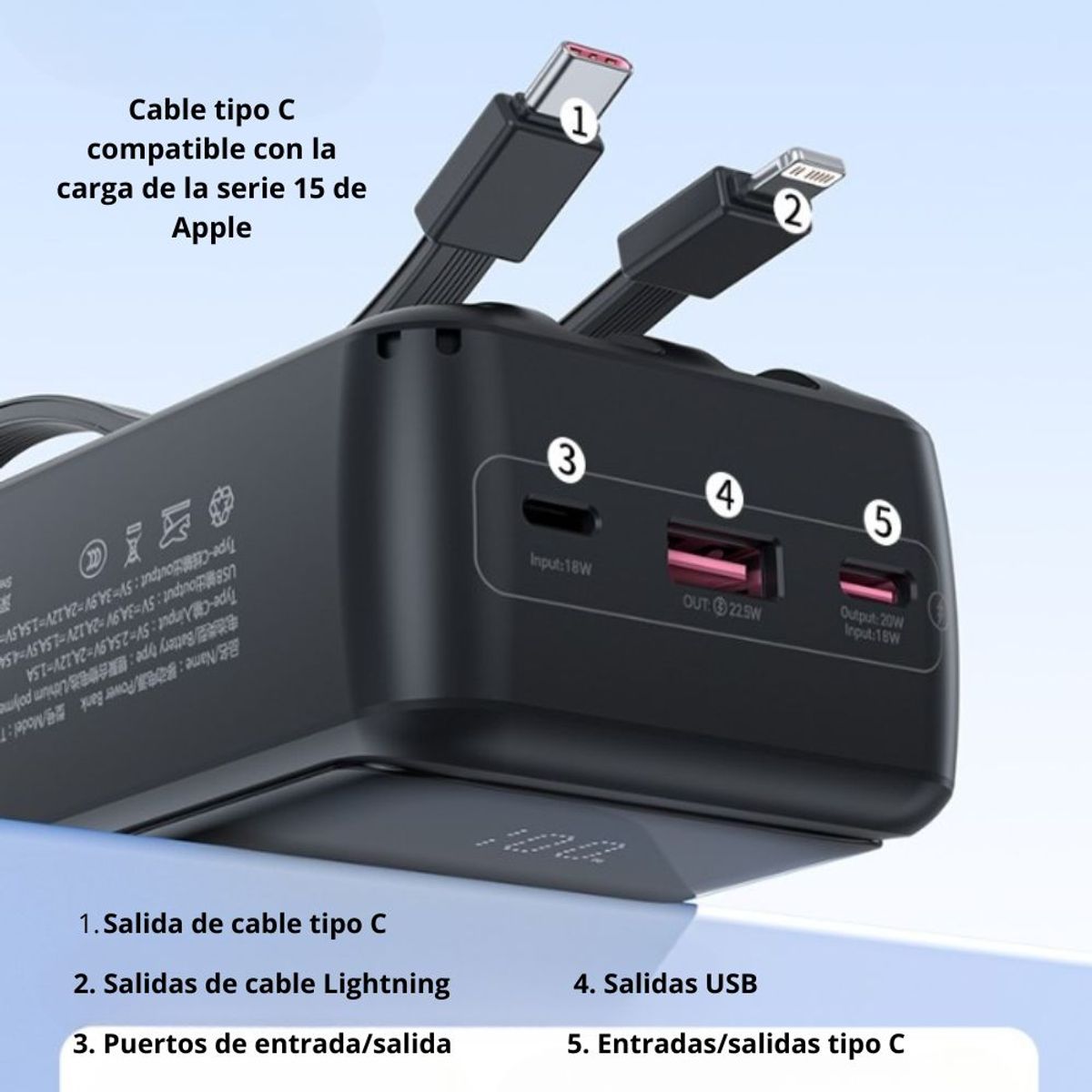 TRANYOO - Power Bank 20000mAh con Cables USB Tipo C y Lightning TRANYOO T-K17