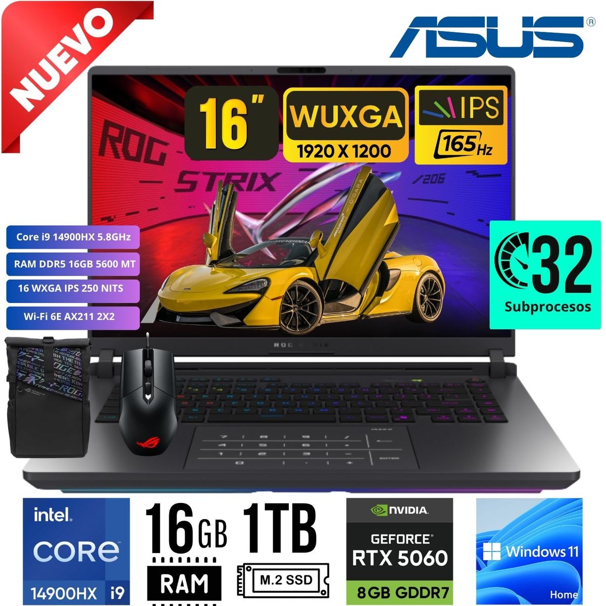 ASUS - Laptop ASUS ROG STRIX G16 G615JMR-RV017W  16´165 Hz i9-14900HX 14VA RAM 16GB SSD 1TB RTX 5060 8GB W11
