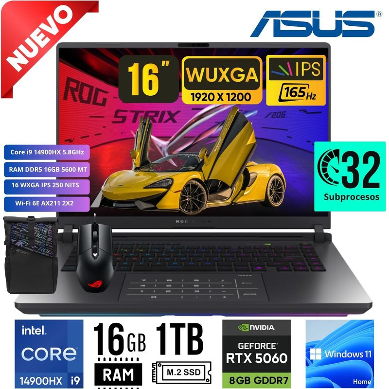 ASUS - Laptop ASUS ROG STRIX G16 G615JMR-RV017W  16´165 Hz i9-14900HX 14VA RAM 16GB SSD 1TB RTX 5060 8GB W11