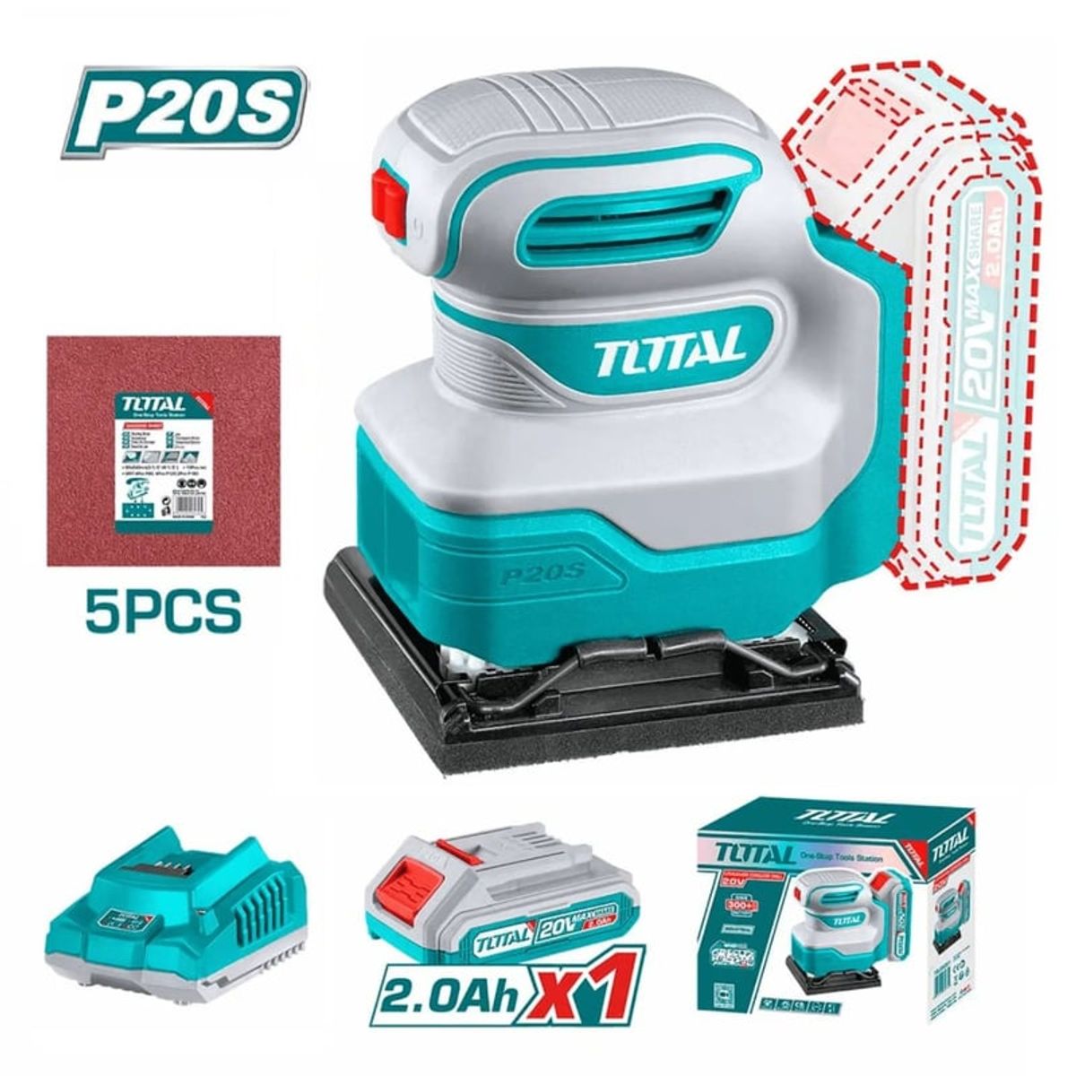 TOTAL TOOLS - Lijadora Orbital Inalámbrica + Batería 2AMP + Cargador De 20v Total - TSHSLI20141