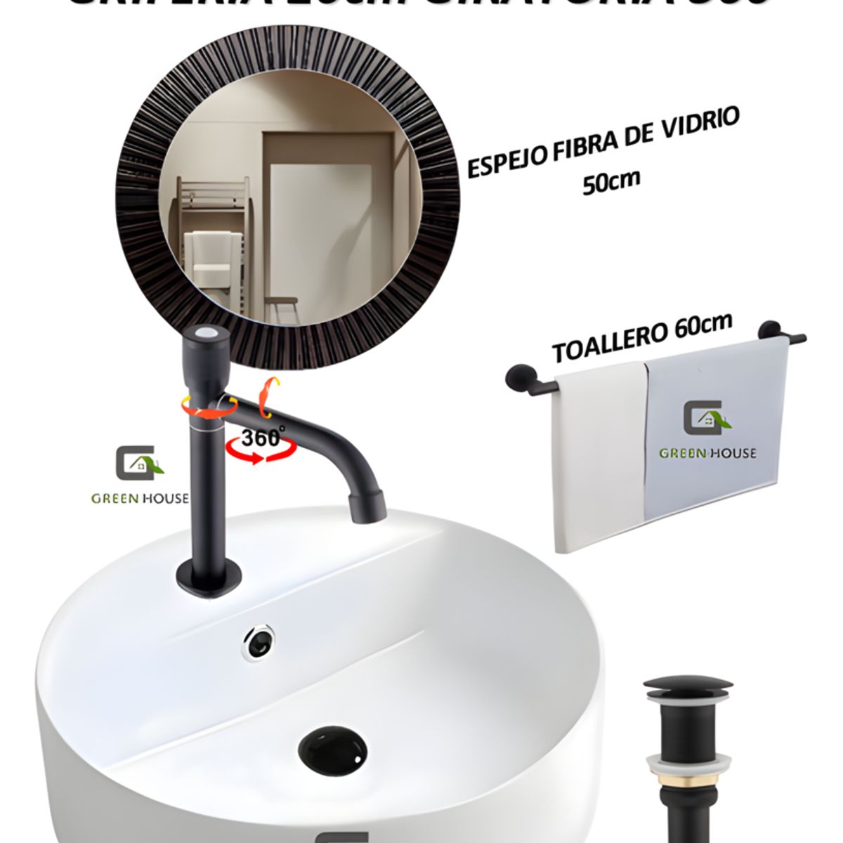 GREEN HOUSE - COMBO BOWLS REDONDO + ESPEJO +GRIFERIA  20cm GIRATORIA 360°  AGUA FRIA