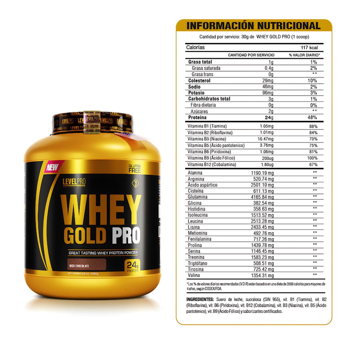 LEVEL PRO - Whey Gold Pro 3 kg Vainilla + Creatina Universe nutrition 250 g