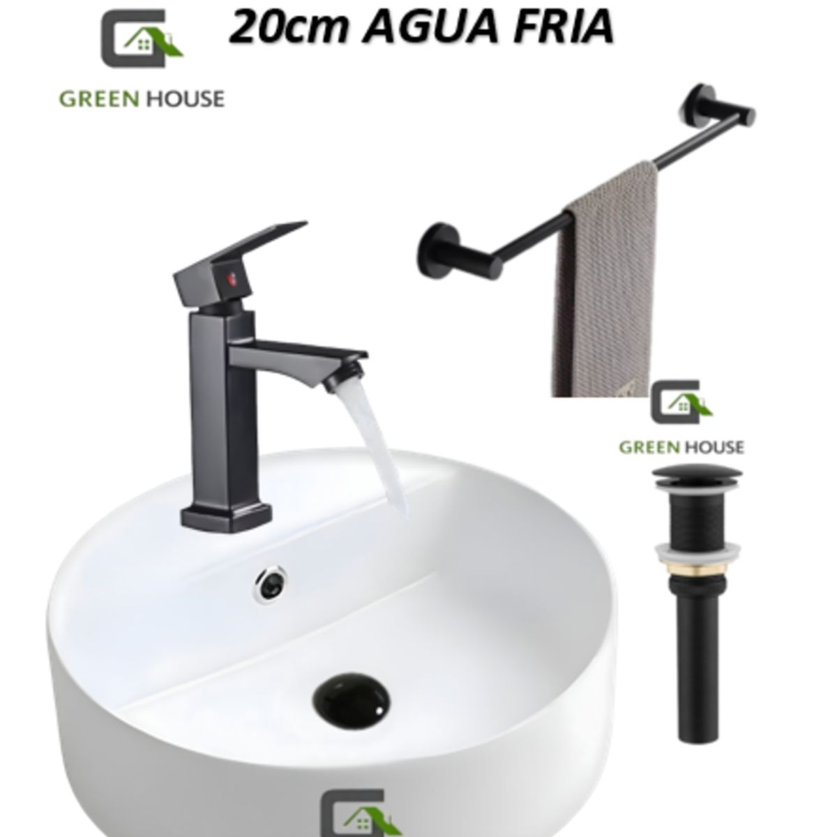 GREEN HOUSE - COMBO BOWLS REDONDO +GRIFERIA  CUADRADO 20cm  AGUA FRIA + DESAGUE