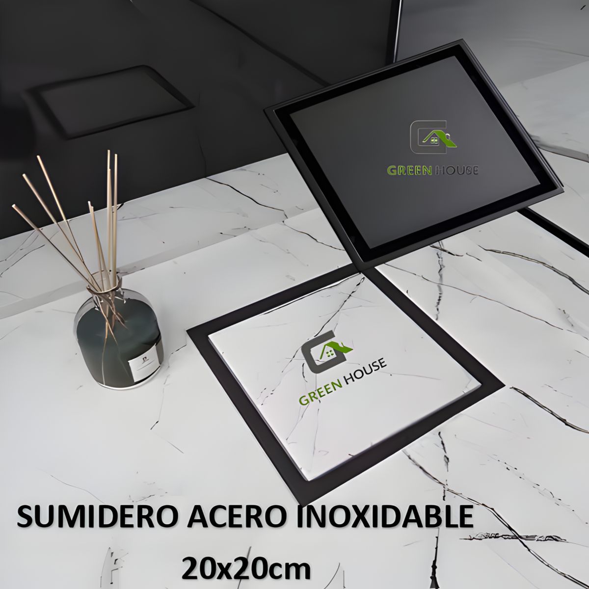 GREEN HOUSE - SUMIDERO 20X20cm NEGRO  ACERO INOXIDABLE CON TAPA REVERSIBLE