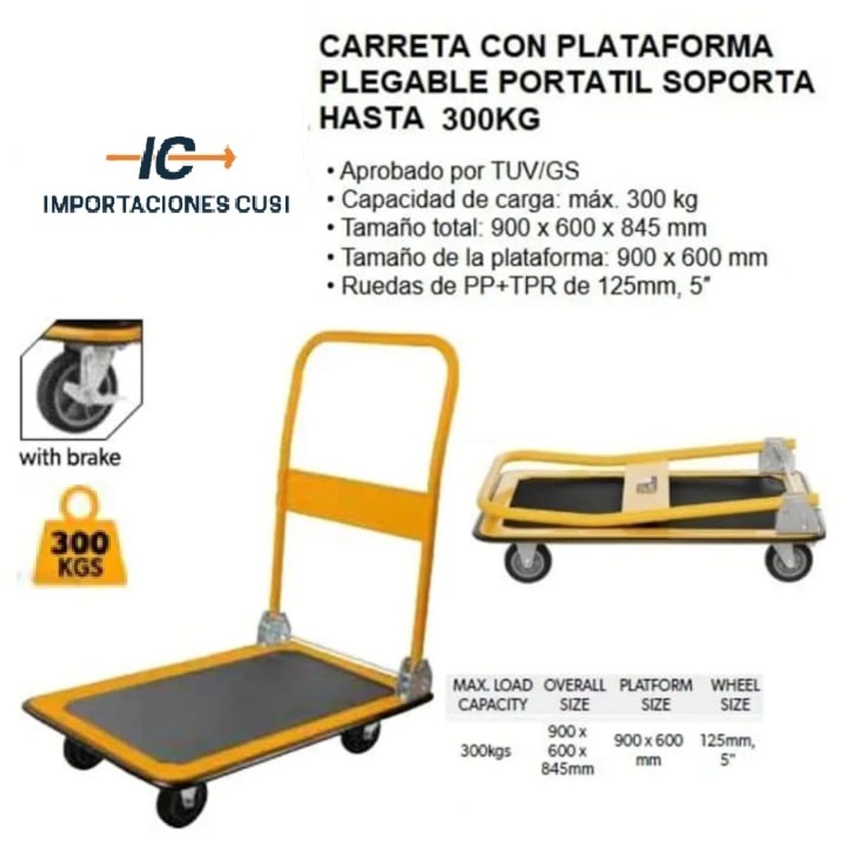 TOLSEN - Carro de Carga Plataforma Plegable (base metálica) 300 Kg.