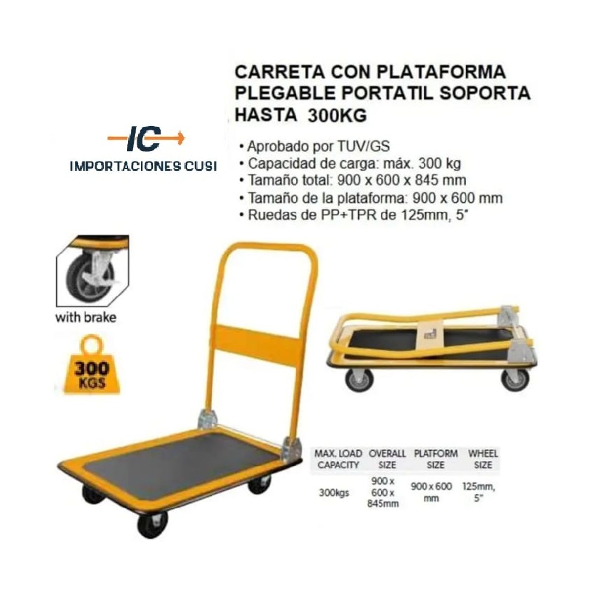 TOLSEN - Carro de Carga Plataforma Plegable (base metálica) 300 Kg.