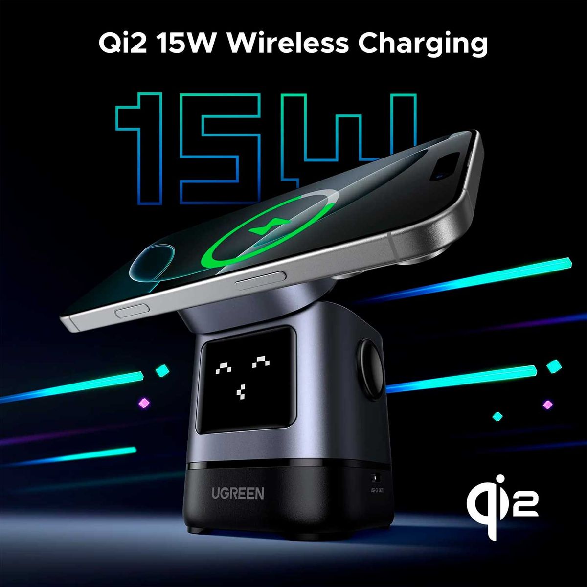 UGREEN - Cargador Inalambrico Ugreen Uno Robot Qi2 Magsafe 2 en 1 15W 45775