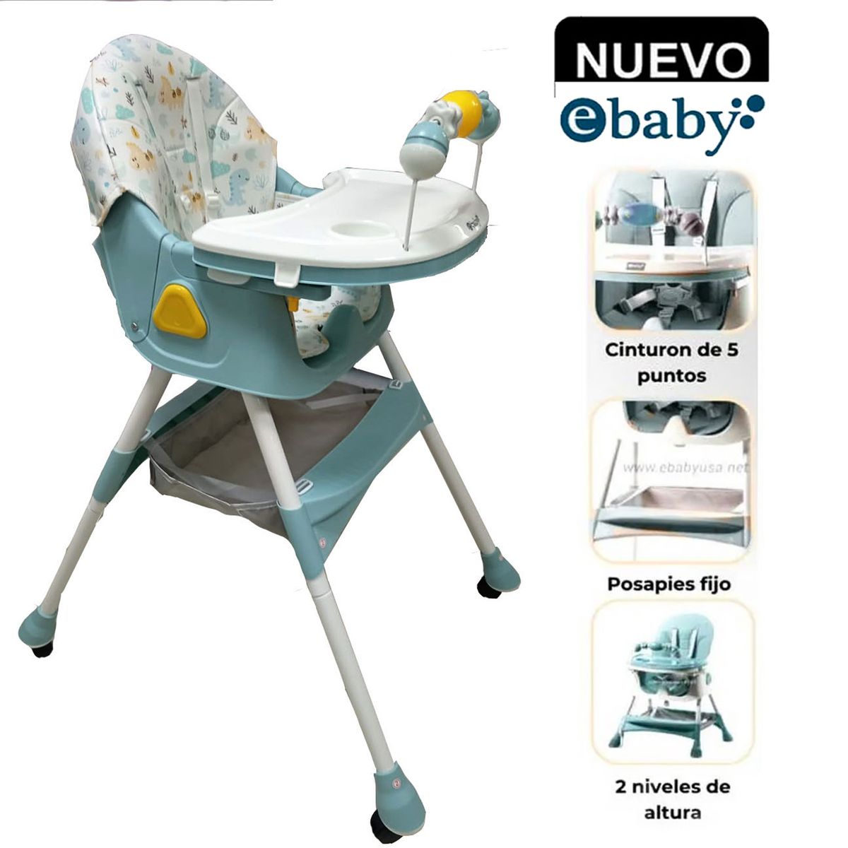 EBABY - Silla de Comer Plegable Con Ruedas Doble bandeja LULU Verde
