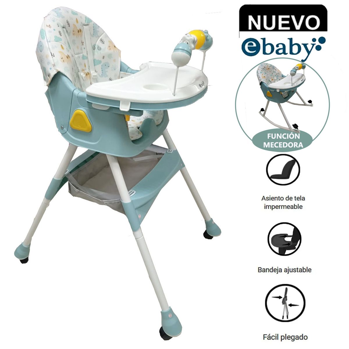 EBABY - Silla de Comer Asiento Reclinable con Ruedas DALI Verde