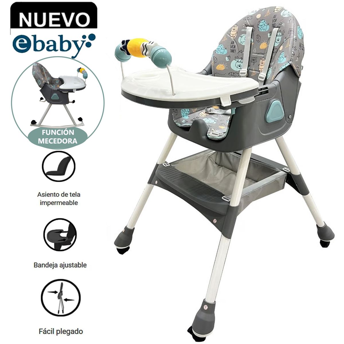 EBABY - Silla de Comer Asiento Reclinable con Ruedas DALI Gris