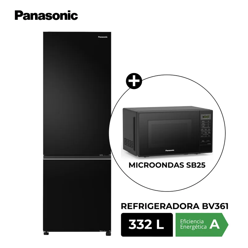 PANASONIC - Refrigeradora Bottom Freezer BV361 332L Inverter Negro Espejado + Microondas SB25 Negro 20L