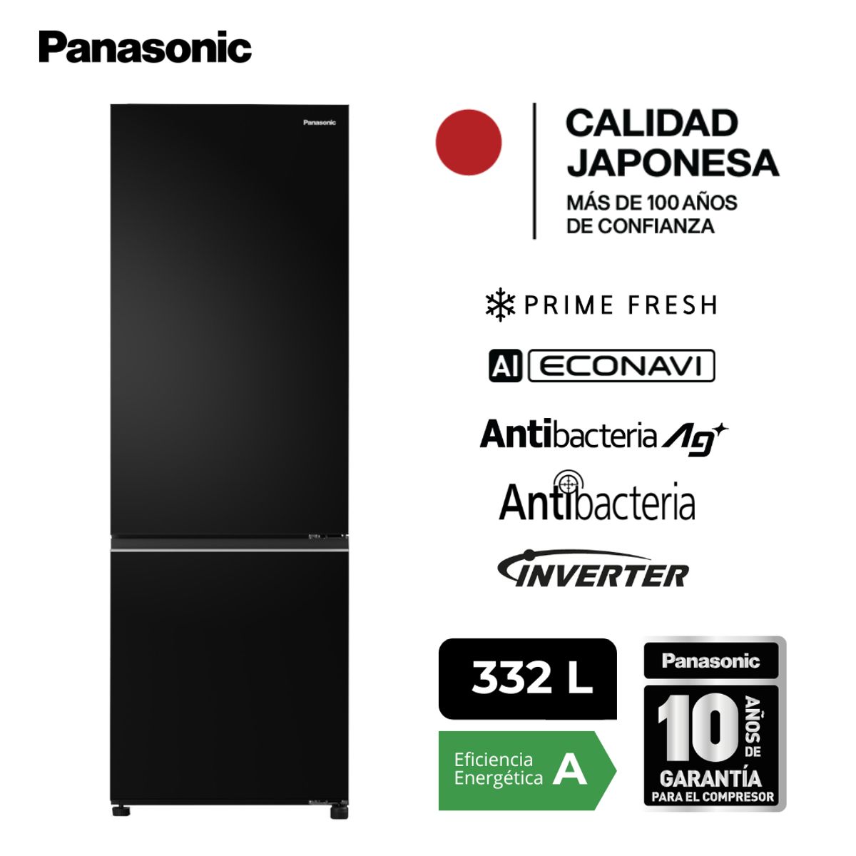 PANASONIC - Refrigeradora Bottom Freezer BV361 332L Inverter Negro Espejado + Microondas SB25 Negro 20L