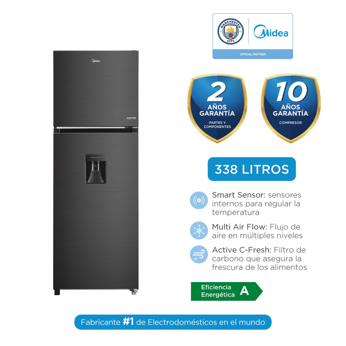 MIDEA - Refrigeradora 2pts No Frost Inverter 338Lts Inox Black MDRT489MTR28PEWD