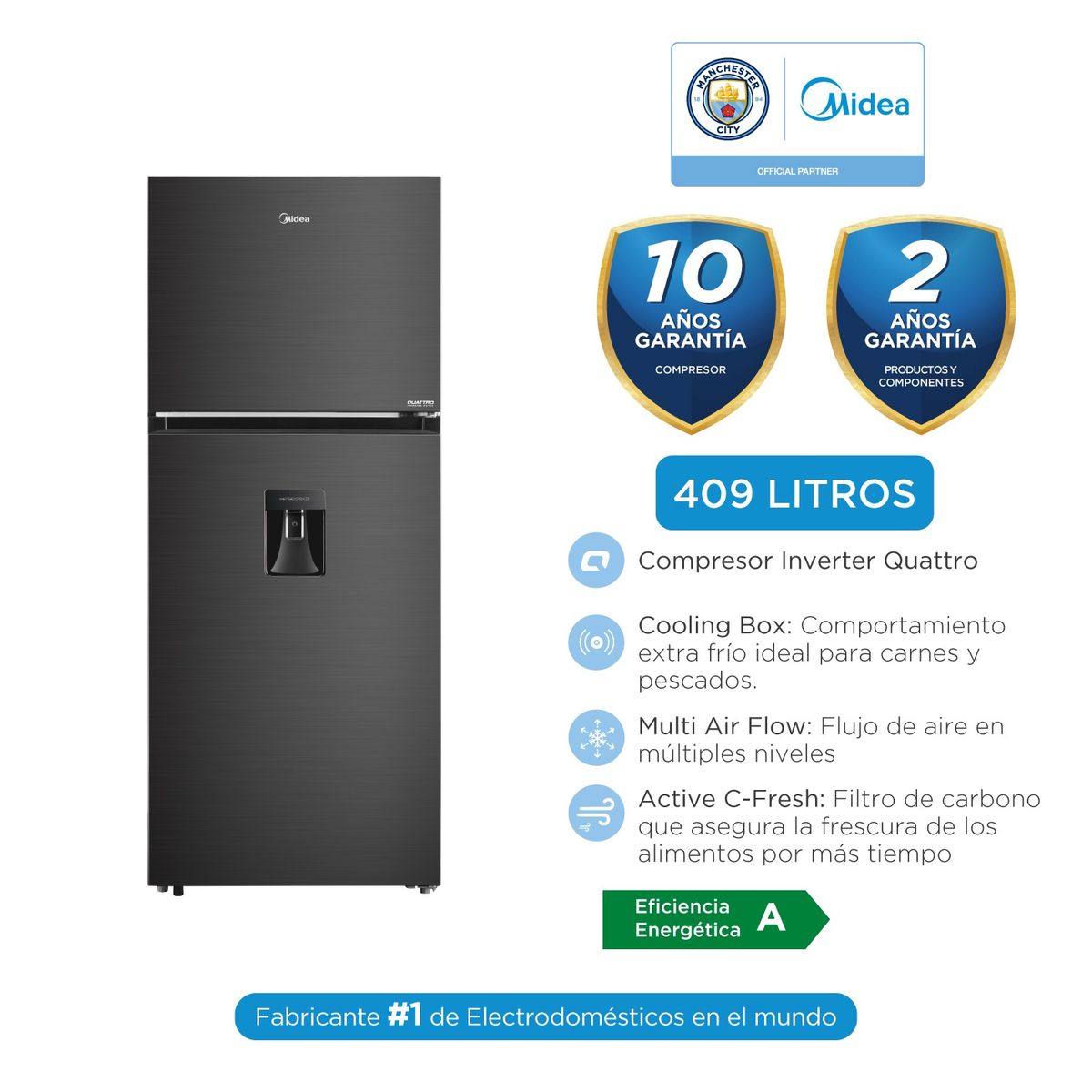 MIDEA - Refrigeradora 2pts No Frost Inverter 409Lts Inox Black MDRT580MTR28PEWD