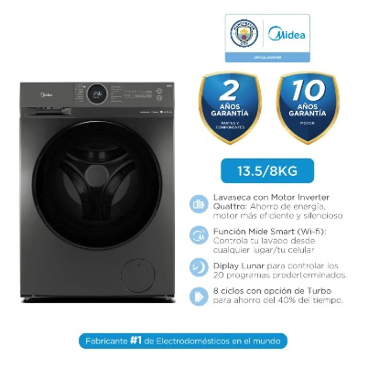 MIDEA - Lavaseca Inverter 13.5 / 8Kg Titanium con Wifi MF200D135WBT-PE