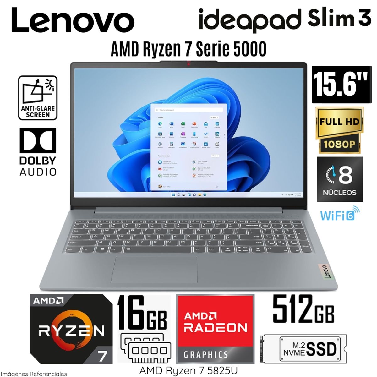 LENOVO - Laptop Lenovo Ideapad Slim 3 15ABR8 AMD Ryzen 7 5825U 16GB RAM 512GB SSD 15.6"  FHD - 82XM00S6LM