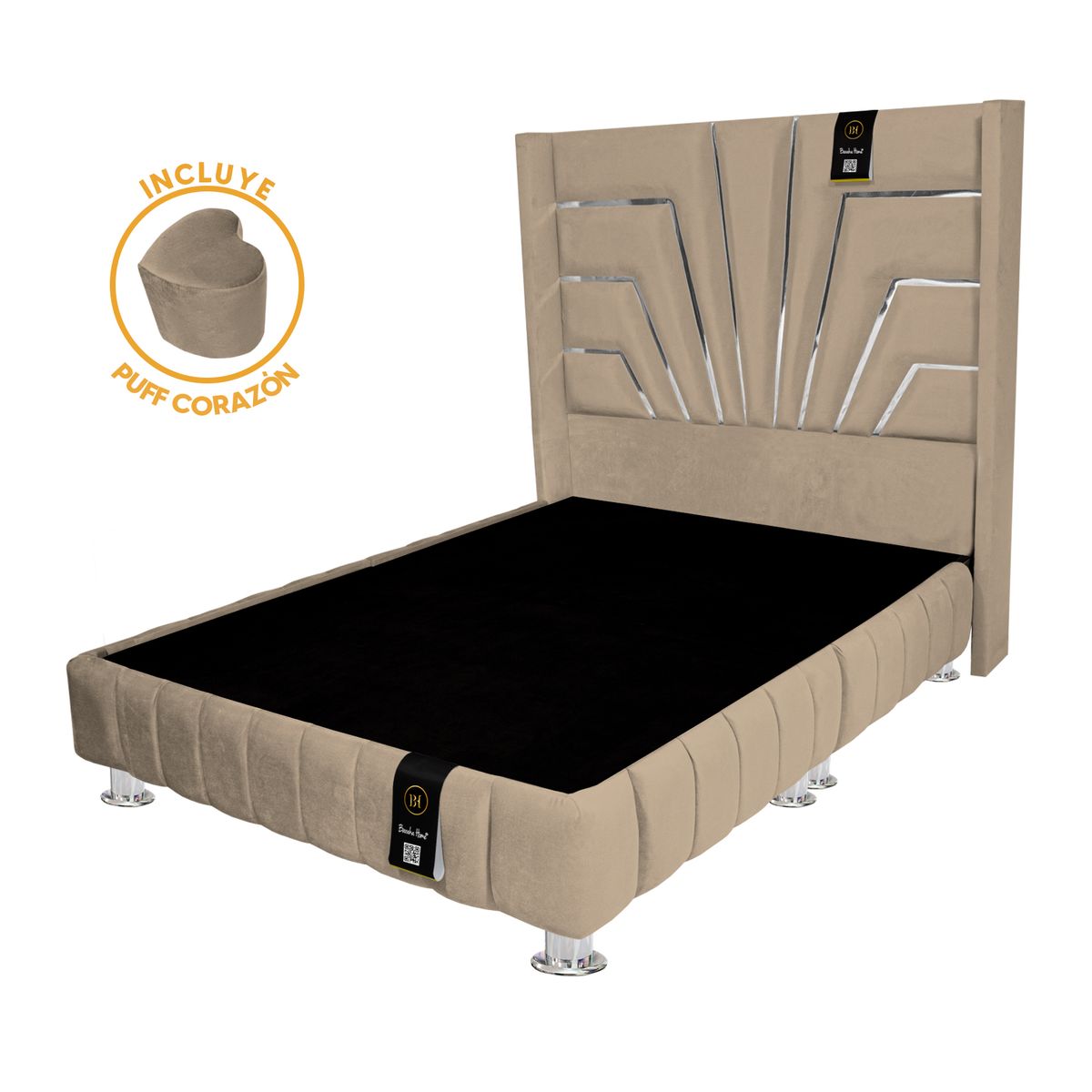 BARAKA HOME - Base de cama Encajonada + Cabecera Orleans + Puff 2 Plz - Beige Claro