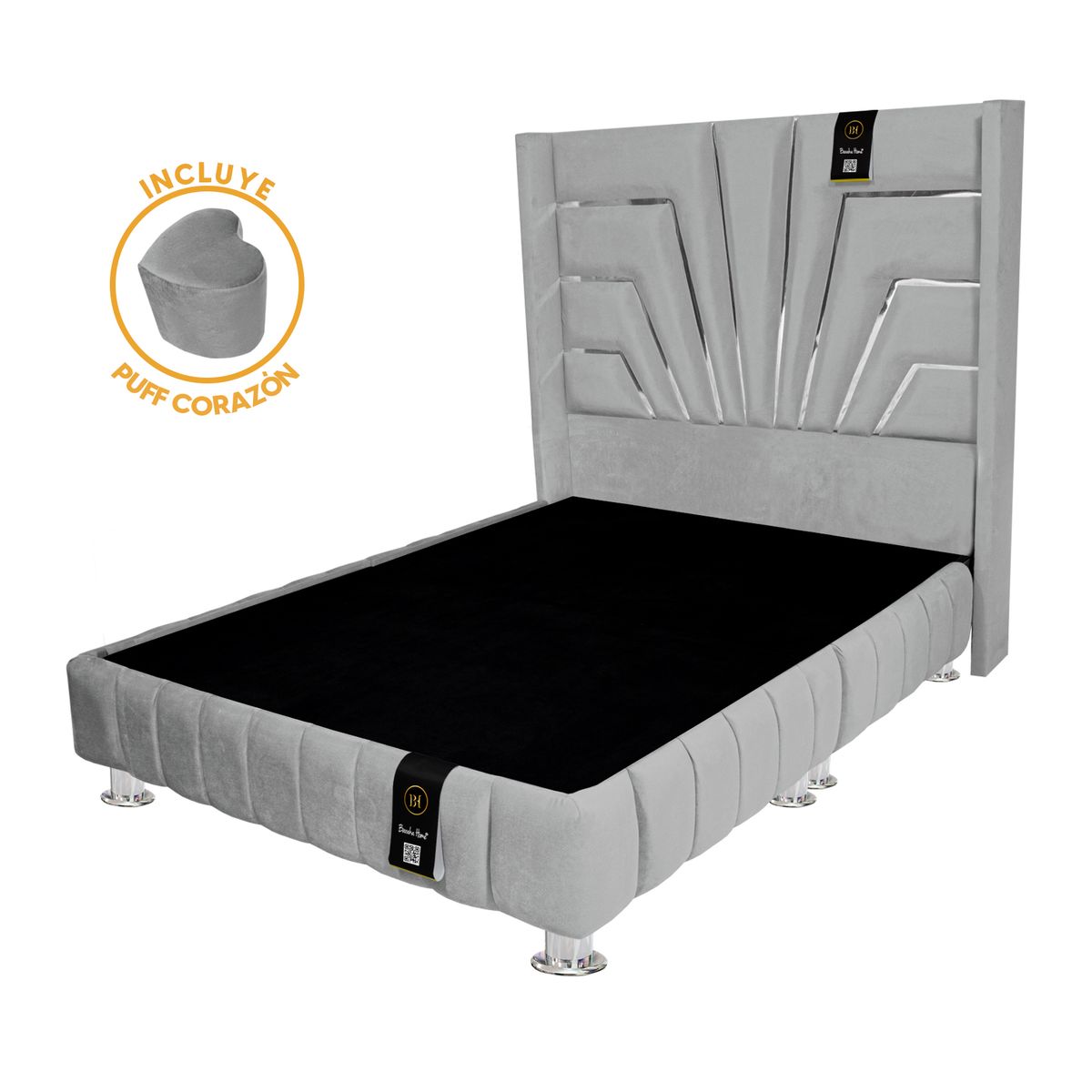 BARAKA HOME - Base de cama Encajonada + Cabecera Orleans + Puff 2 Plz - Gris Claro