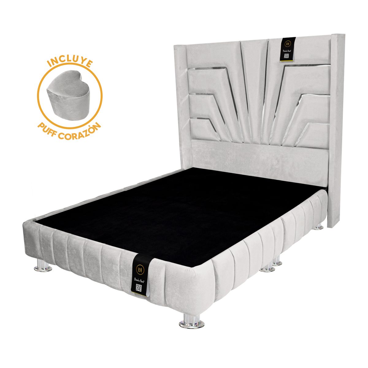 BARAKA HOME - Base de cama Encajonada + Cabecera Orleans + Puff 2 Plz - Ivory