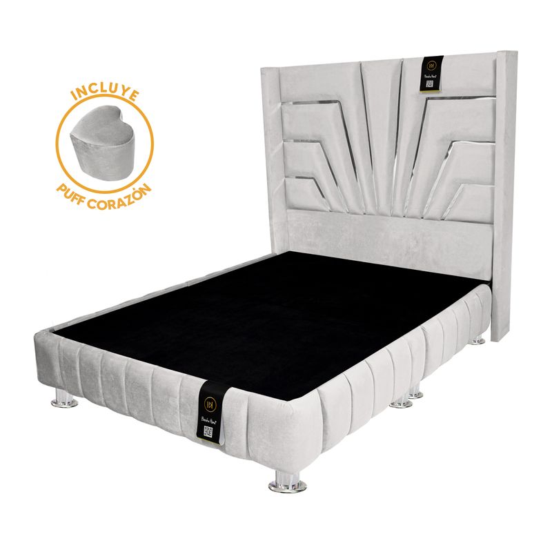 BARAKA HOME - Base de cama Encajonada + Cabecera Orleans + Puff 2 Plz - Ivory