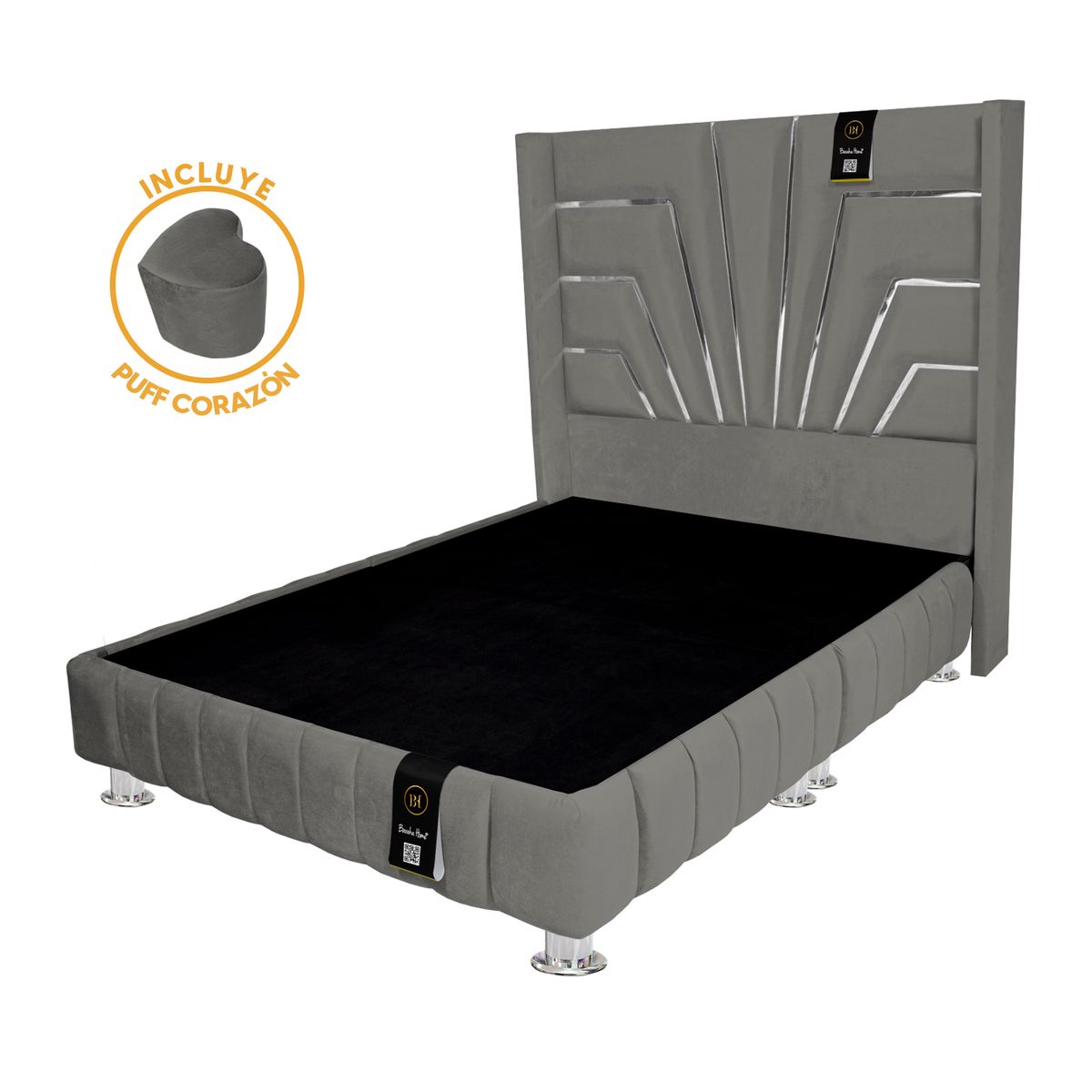 BARAKA HOME - Base de cama Encajonada + Cabecera Orleans + Puff 2 Plz - Gris Oscuro
