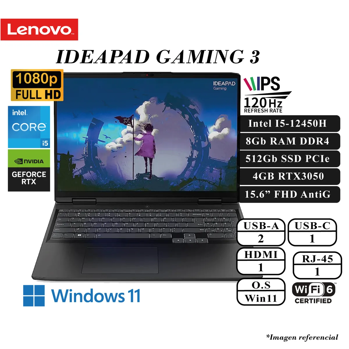LENOVO - LAPTOP LENOVO IDEAPAD GAMING 3 INTEL I5-12450H 8GB RAM 512GB SSD 4GB RTX3050 15.6 FHD IPS  W11