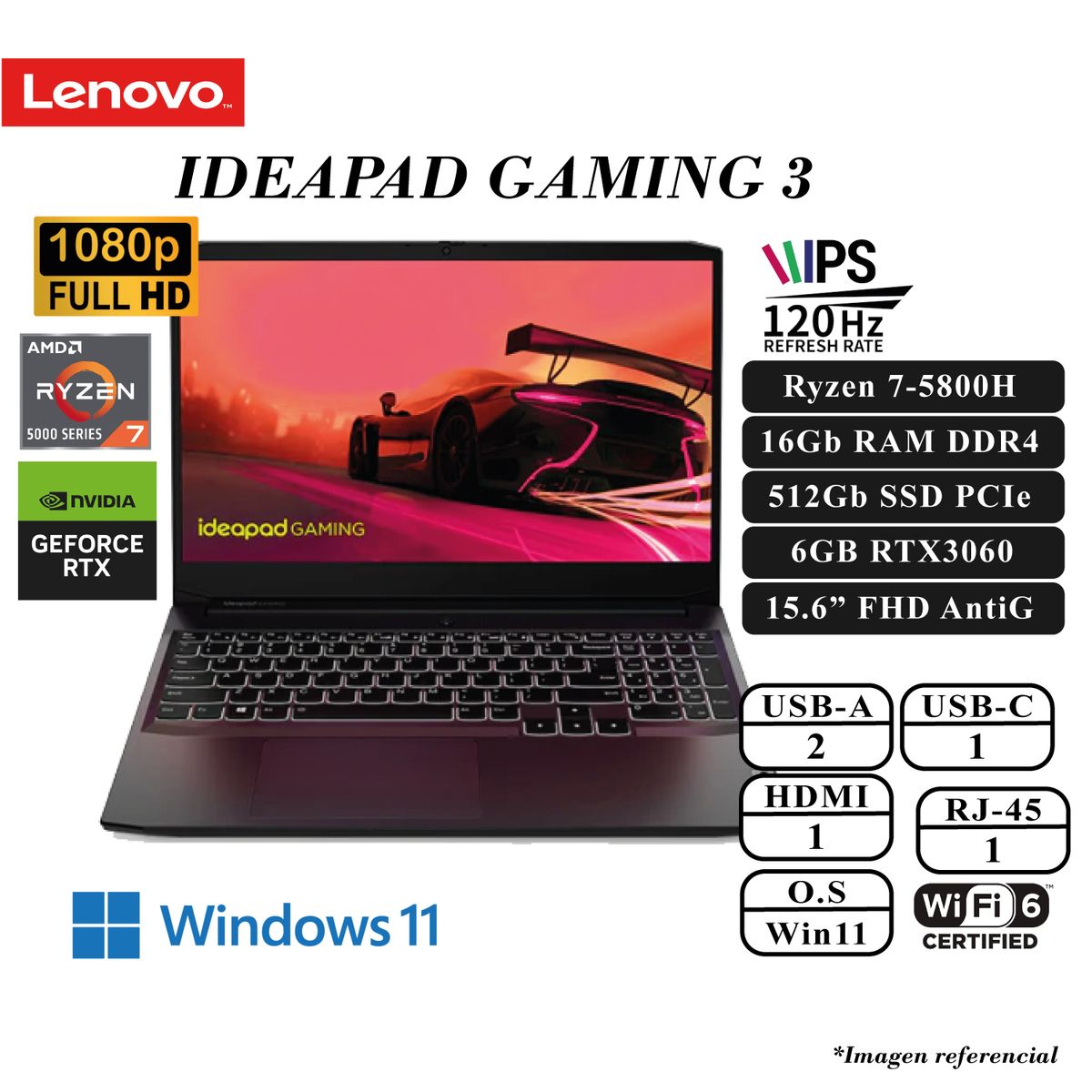 LENOVO - LAPTOP LENOVO IDEAPAD GAMING 3 RYZEN 7-5800H 16GB RAM 512GB SSD 6GB RTX3060 15.6 FHD IPS W11